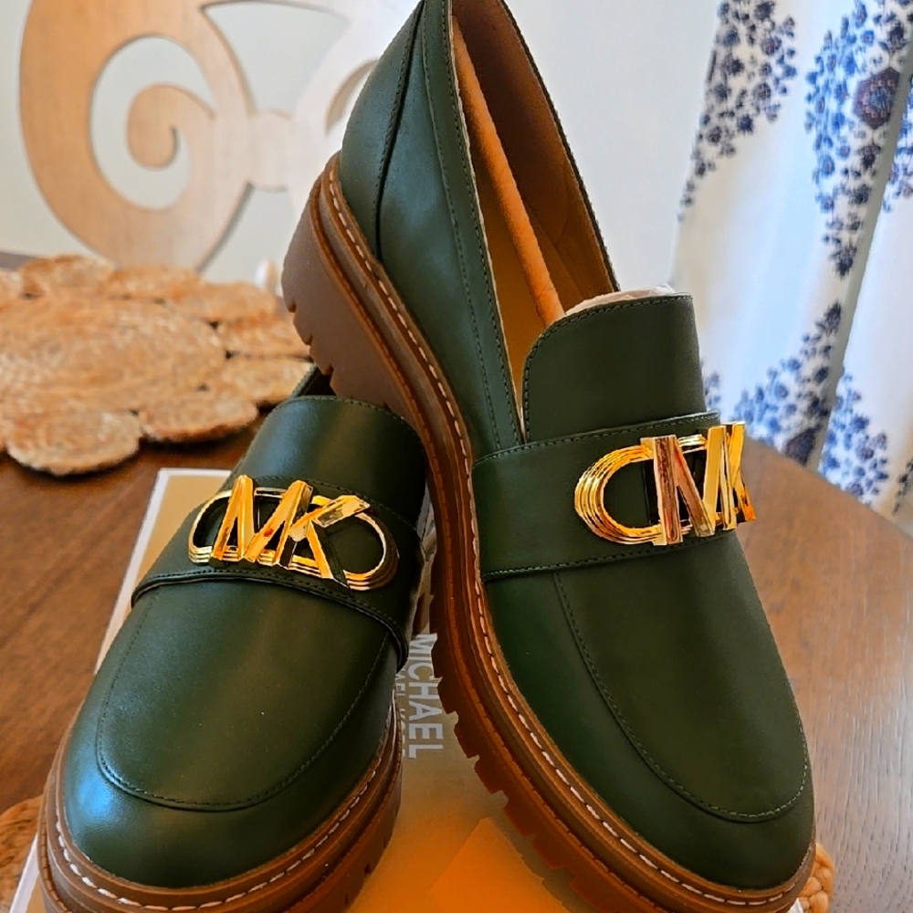 Michael Kors Green and Gold Leather Loafers